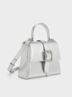 Alternative view of Túi xách hình thang Satin Crystal-Buckle - Bạc